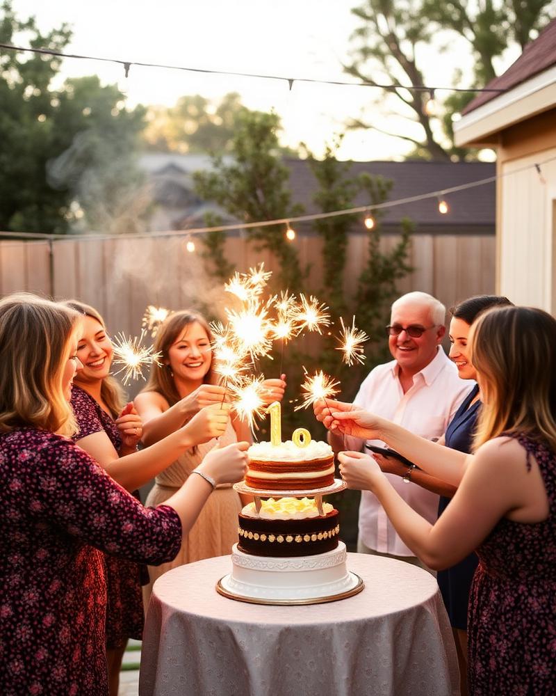 Freundinnen und Freunde feiern mit Wunderkerzen um eine Geburtstagstorte