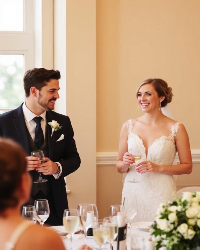 Brautpaar stößt lachend mit Gästen beim Hochzeitsempfang an