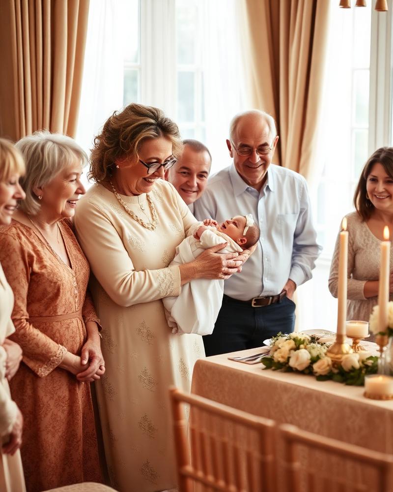 Familie versammelt sich nach einer Taufe um das Baby